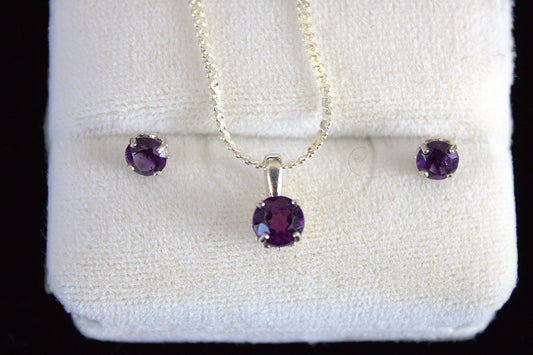 Sterling Silver Floral Amethyst Necklace and Earring Stud Set