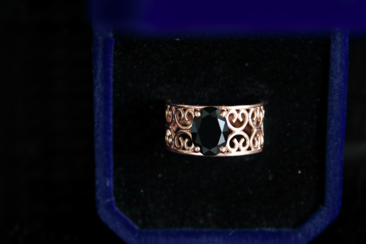 Rose gold lace ring with darker gray CAD gemstone
