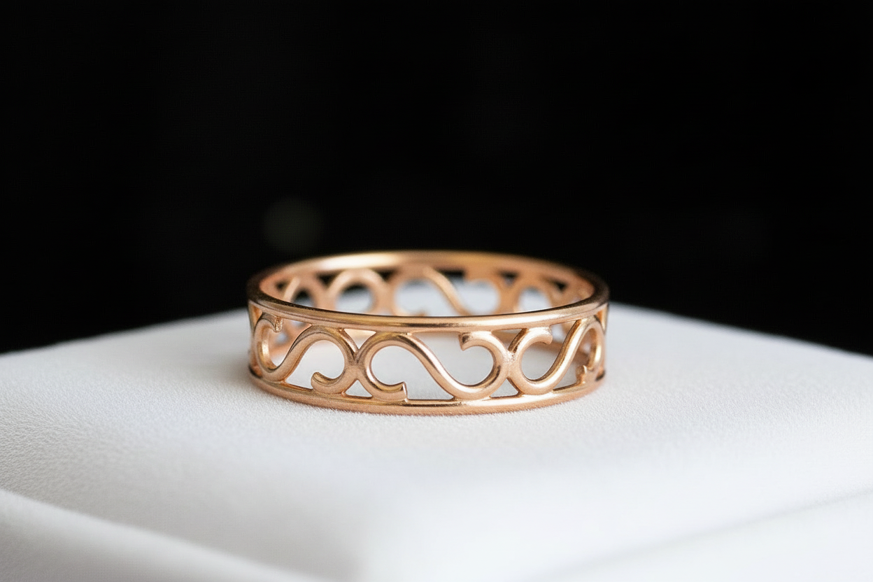 Rose gold S-link band on white surface