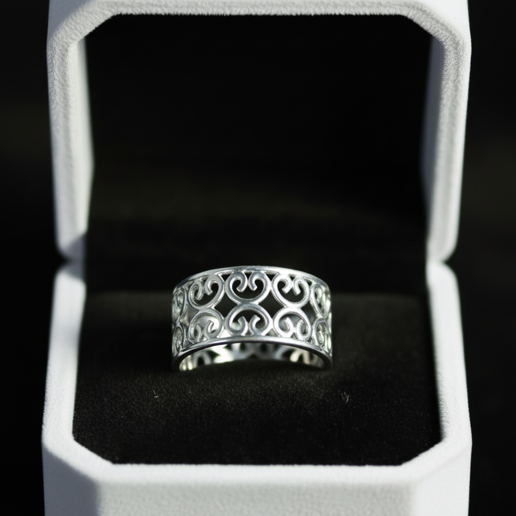 Sterling silver double curlicue ring in white box with black lining