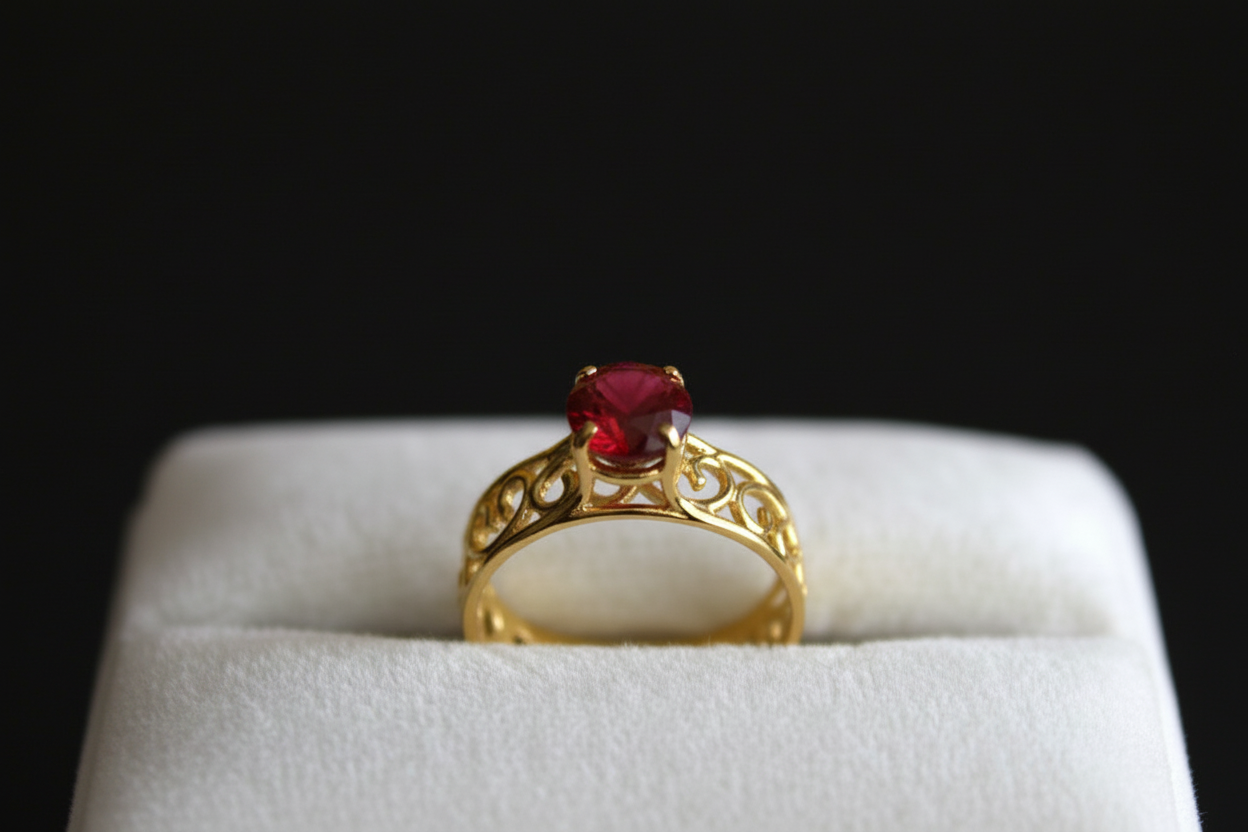 Yellow gold ruby ring on black background